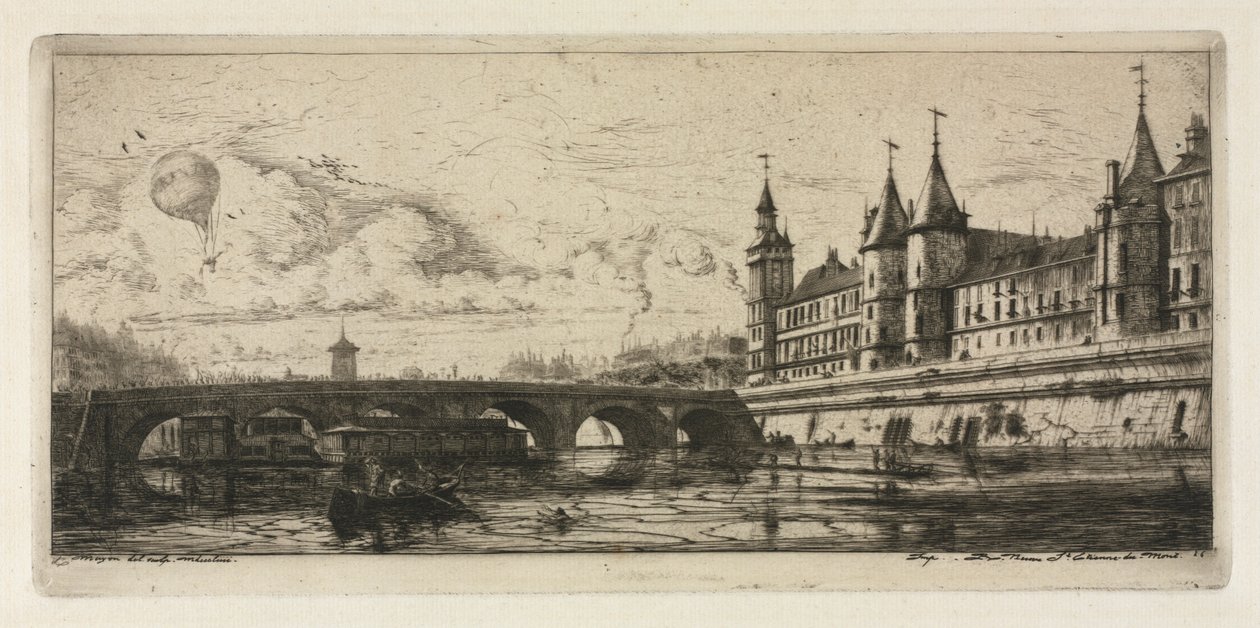 Etsen van Parijs: De Wisselbrug door Charles Meryon