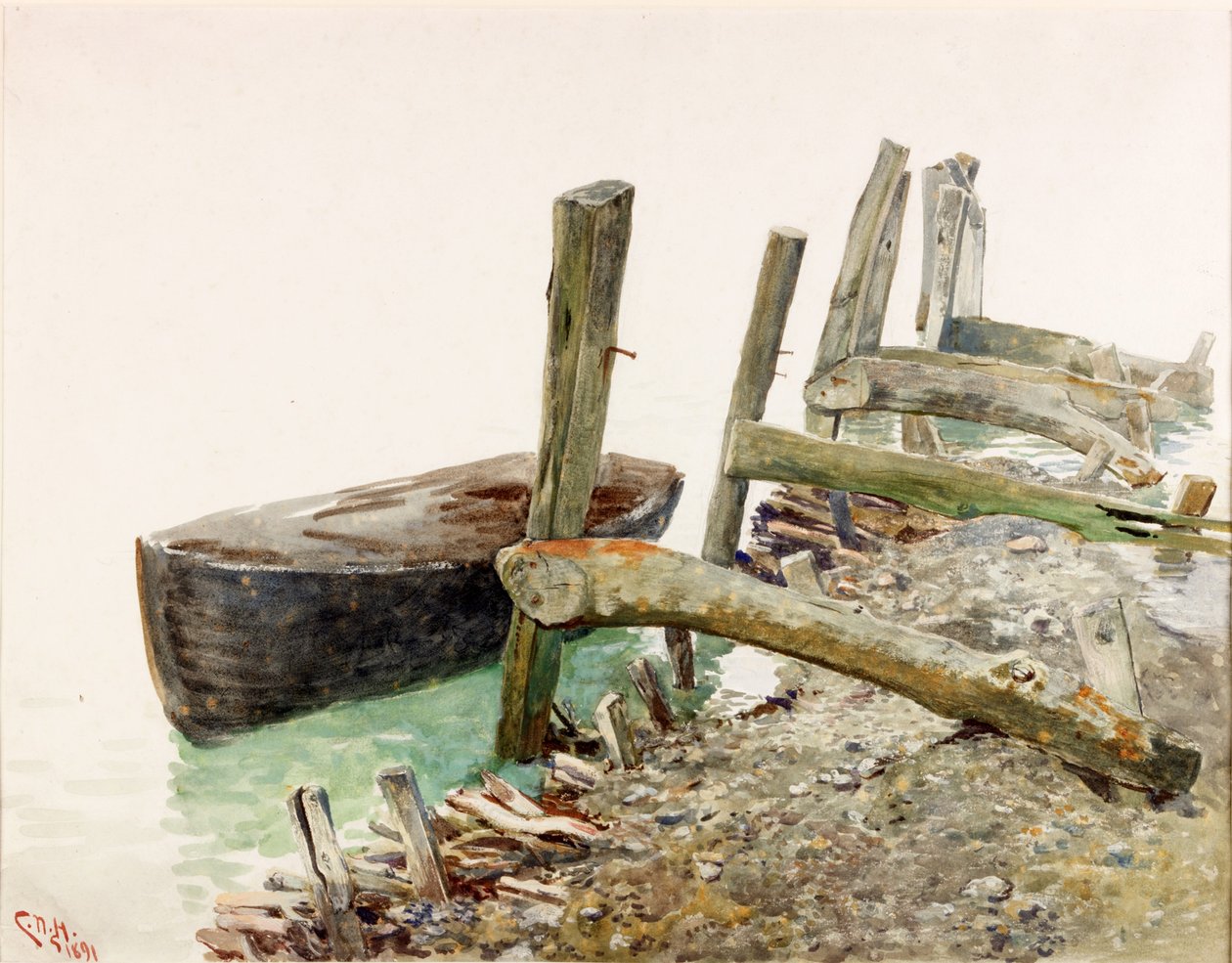 Dinghy nadert een Steiger door Charles Napier Hemy