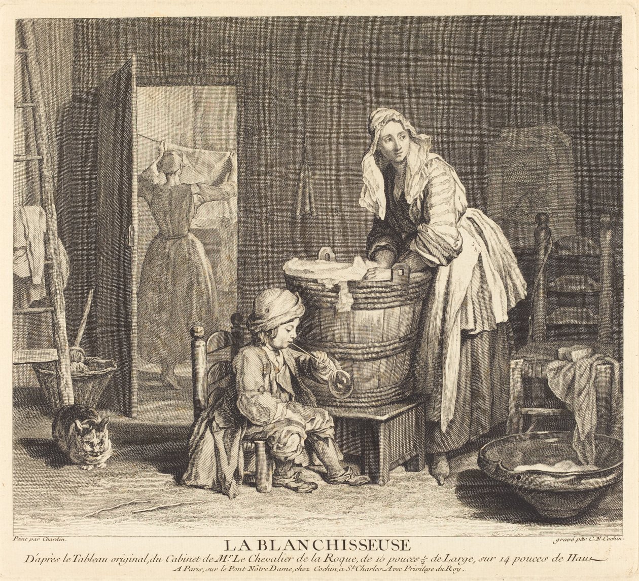 De Wasvrouw door Charles Nicolas Cochin I after Jean Siméon Chardin
