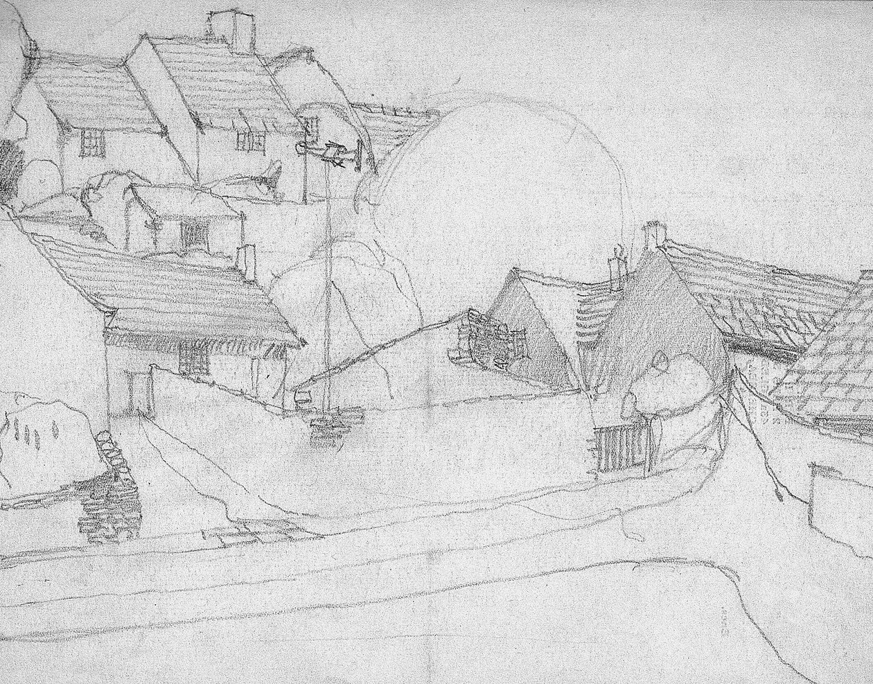 Schets van Engels dorp, ca. 1920 door Charles Rennie Mackintosh