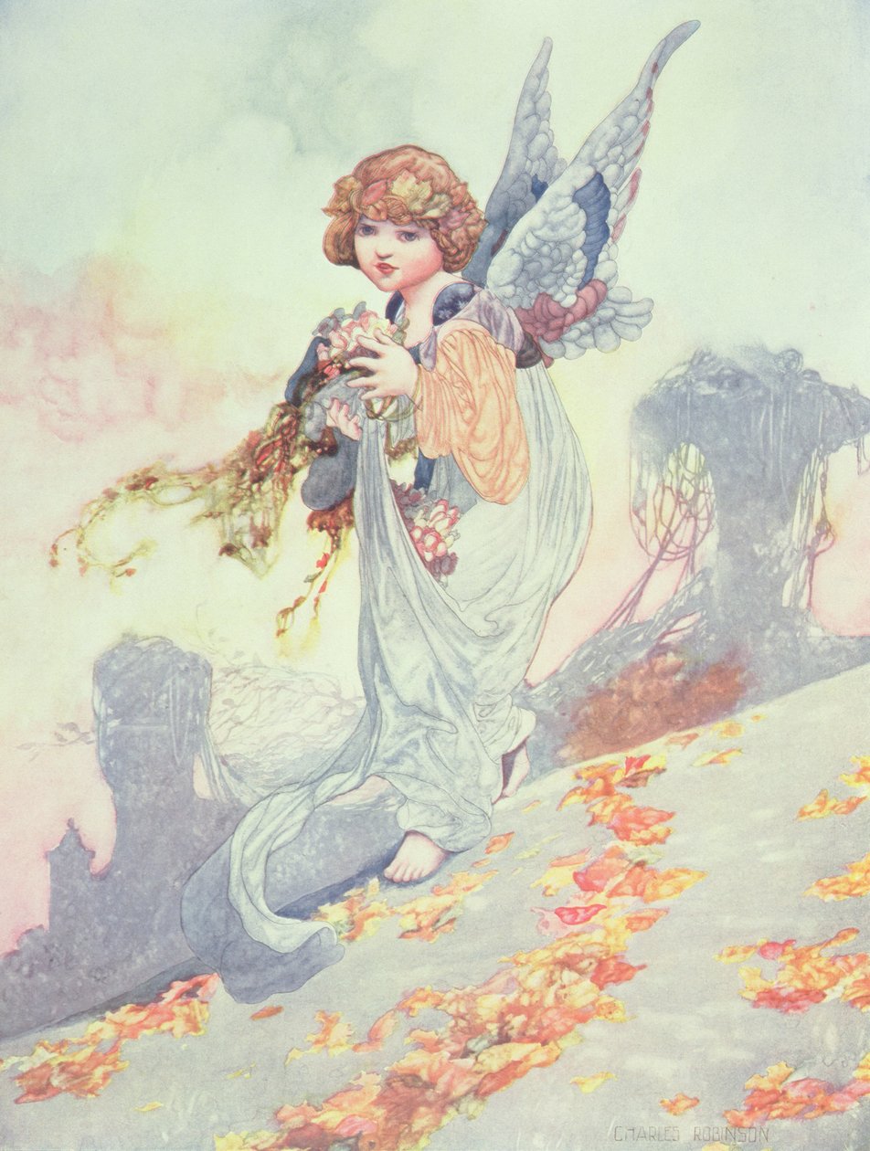 Engel die herfstbladeren verstrooit door Charles Robinson