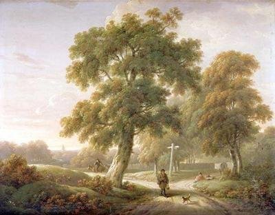 Reizigers bij een kruispunt in bebost landschap door Charles Towne