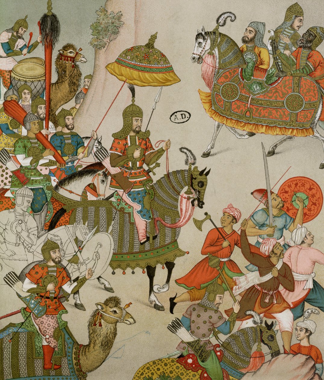 Keizer Babur aan het hoofd van zijn leger, naar een zestiende-eeuwse Mughal miniatuur door Charpentier