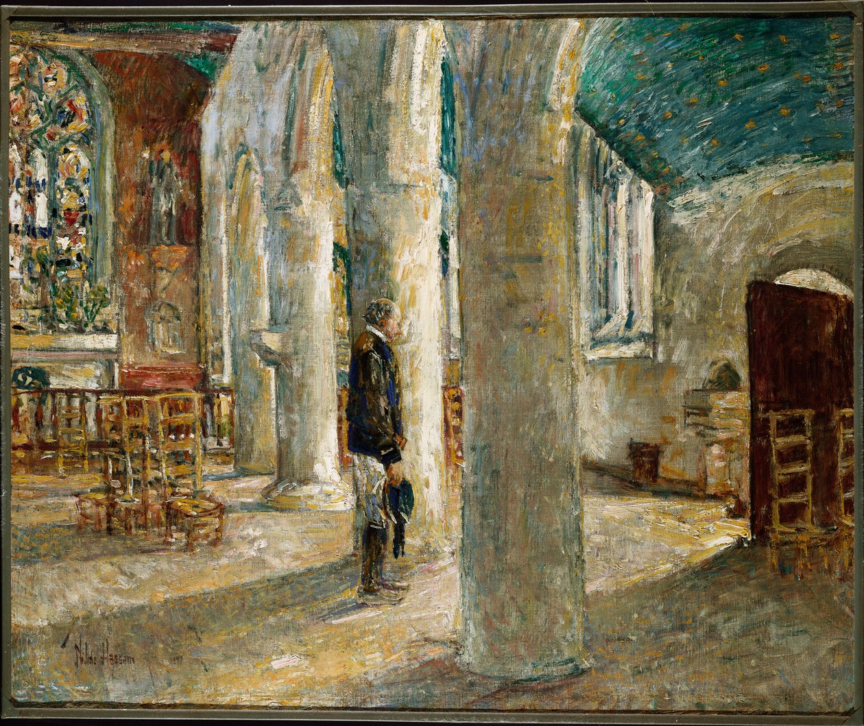 Kerkinterieur, Bretagne door Childe Frederick Hassam