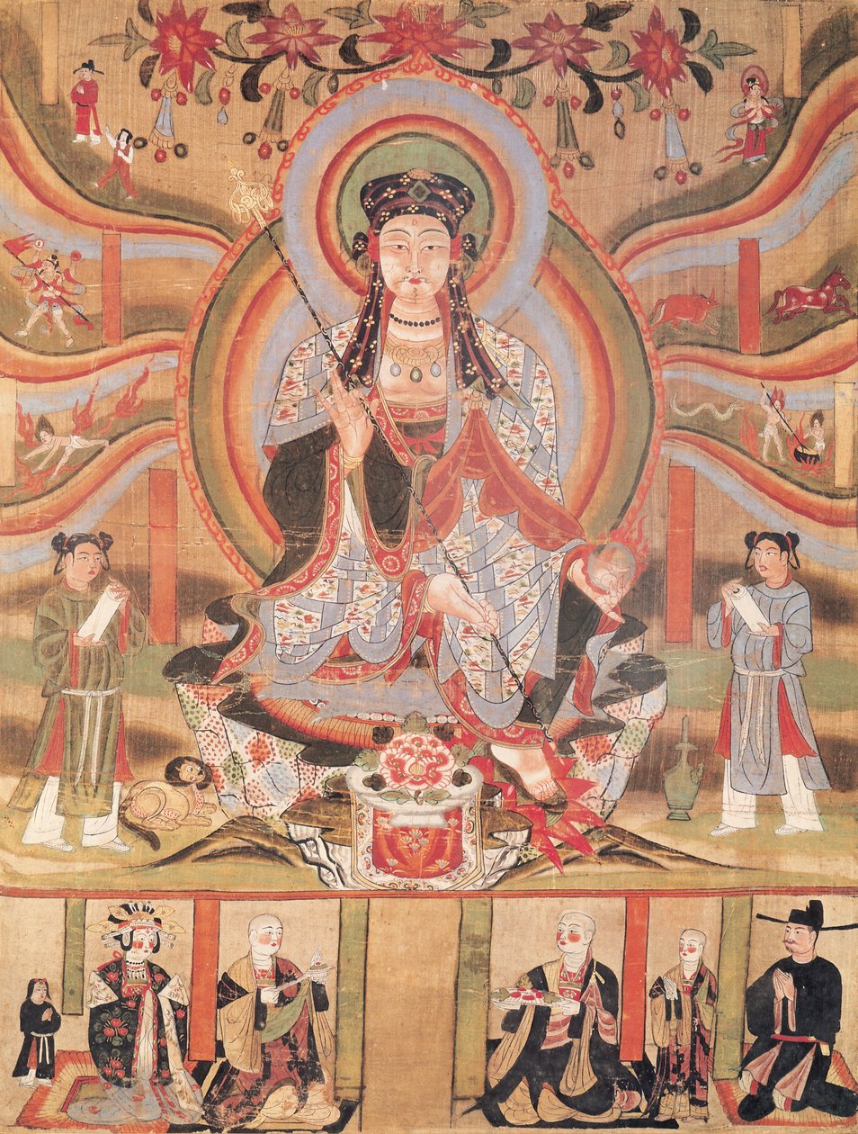 Boeddhistische banier die Dizang en de zes wegen naar wedergeboorte afbeeldt, uit Dunhuang (schilderij op zijde) door Chinese School