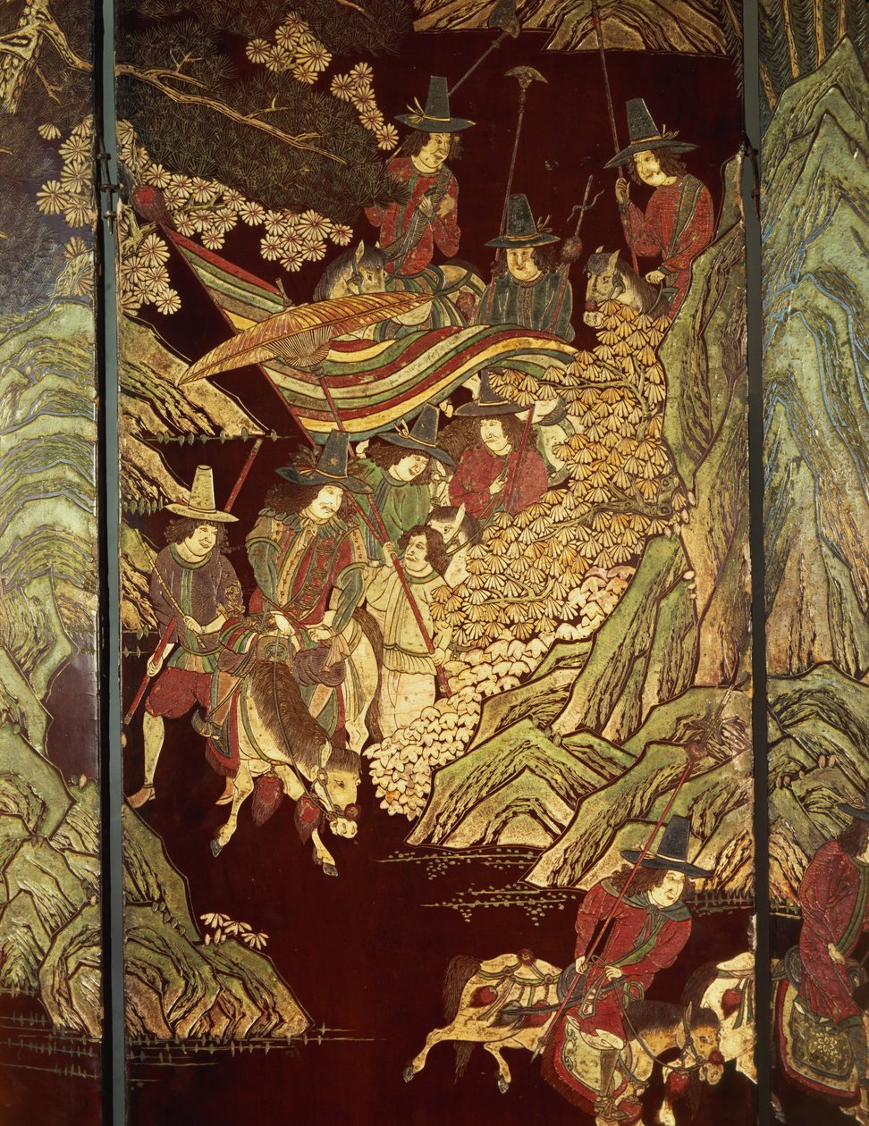 Coromandel scherm, ca. 1700 door Chinese School
