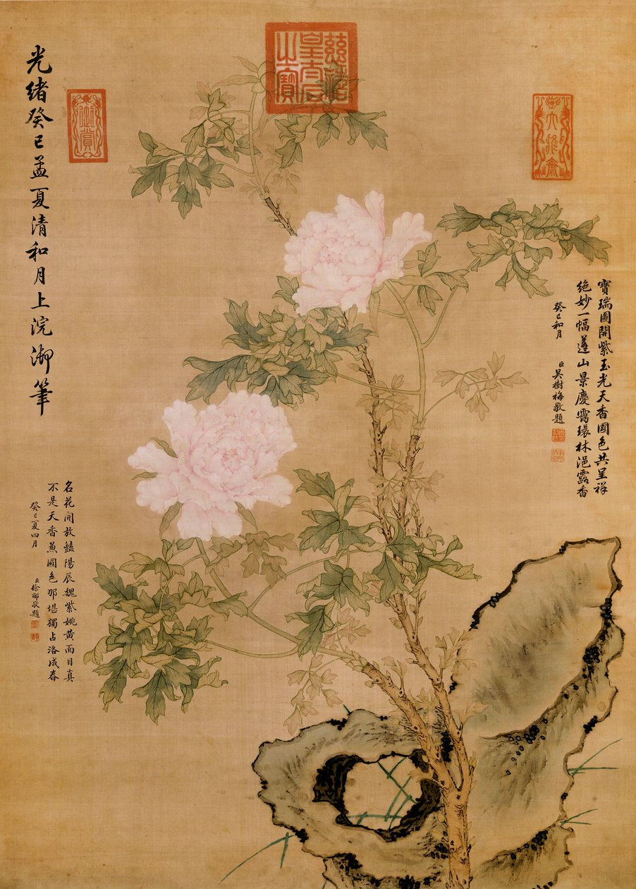 Pioenen en Rots, 1893 door Chinese School