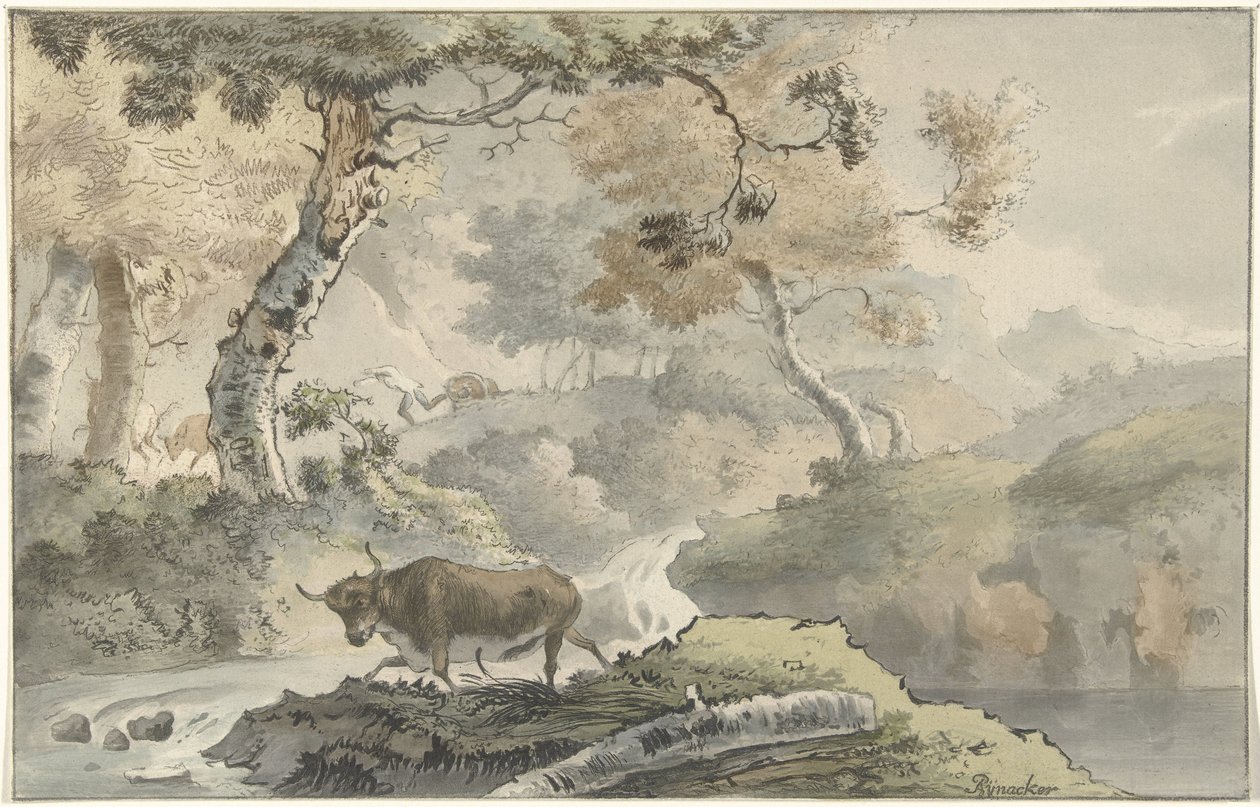 Boslandschap met stier door Christiaan Josi
