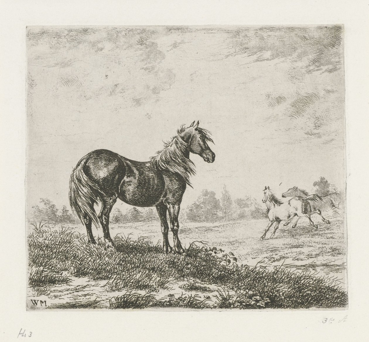 Landschap met drie paarden door Christiaan Wilhelmus Moorrees