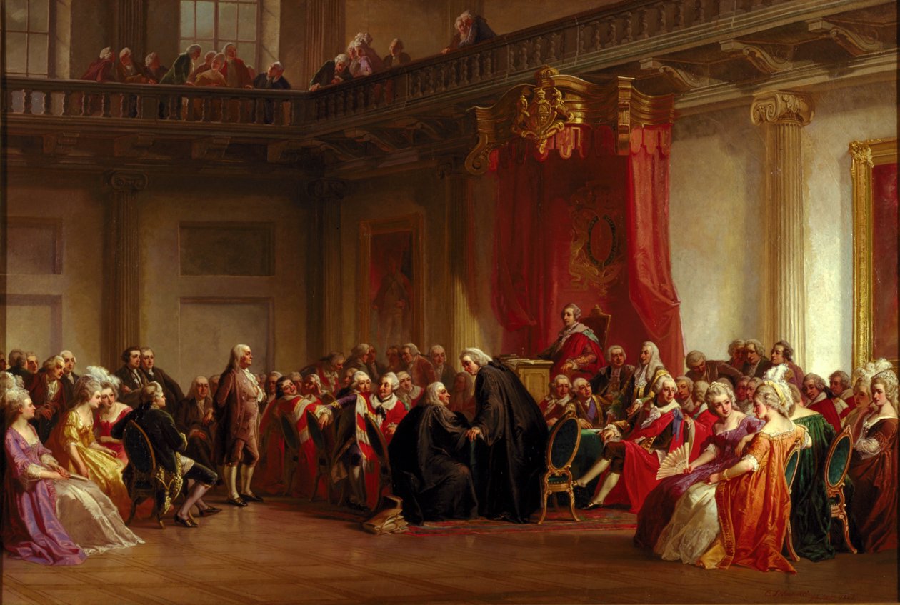 Benjamin Franklin verschijnt voor de Privy Council door Christian Schussele