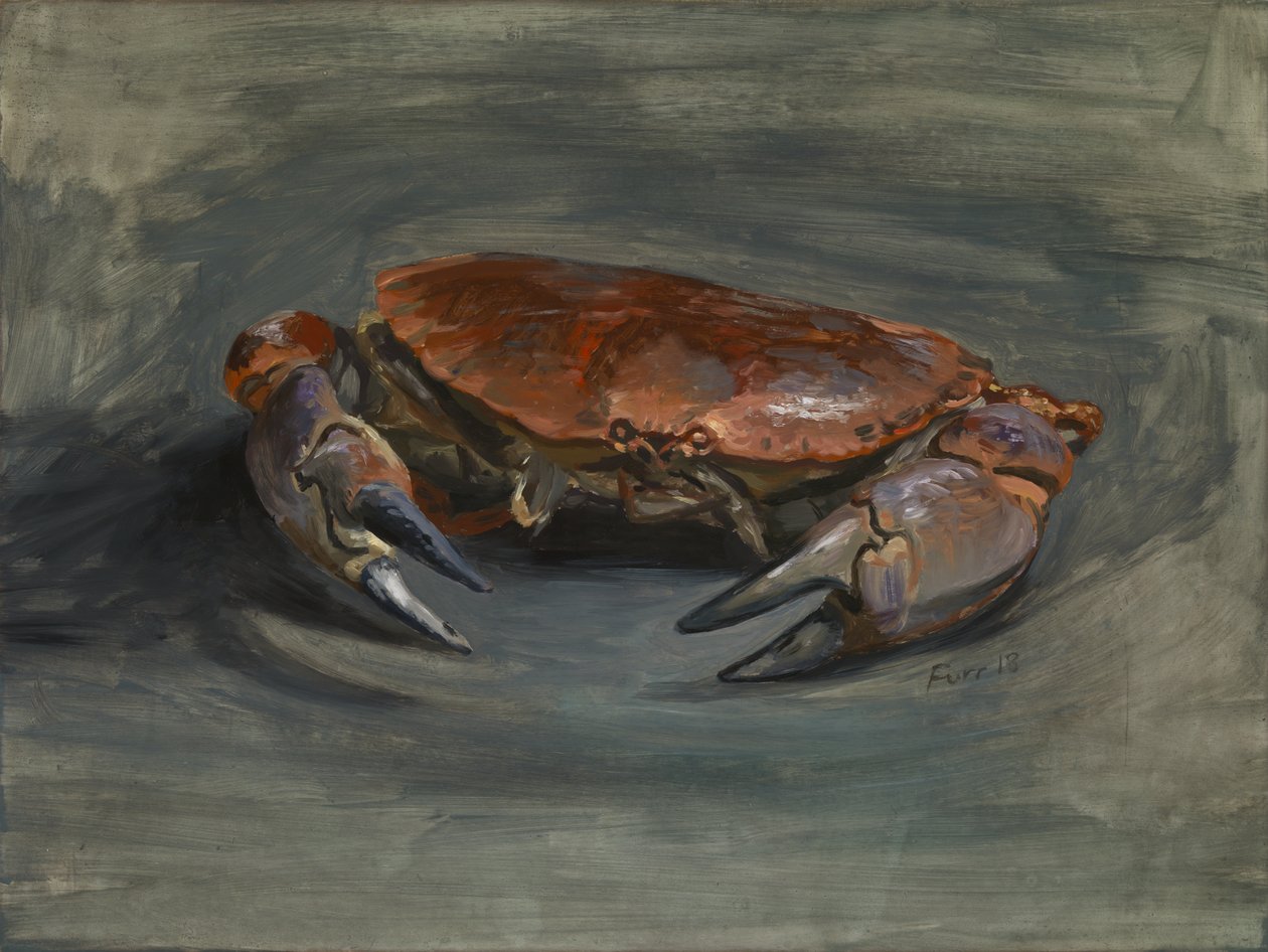 Krab, 2018 (olieverf op gegessuurd houten paneel) door Christian Furr