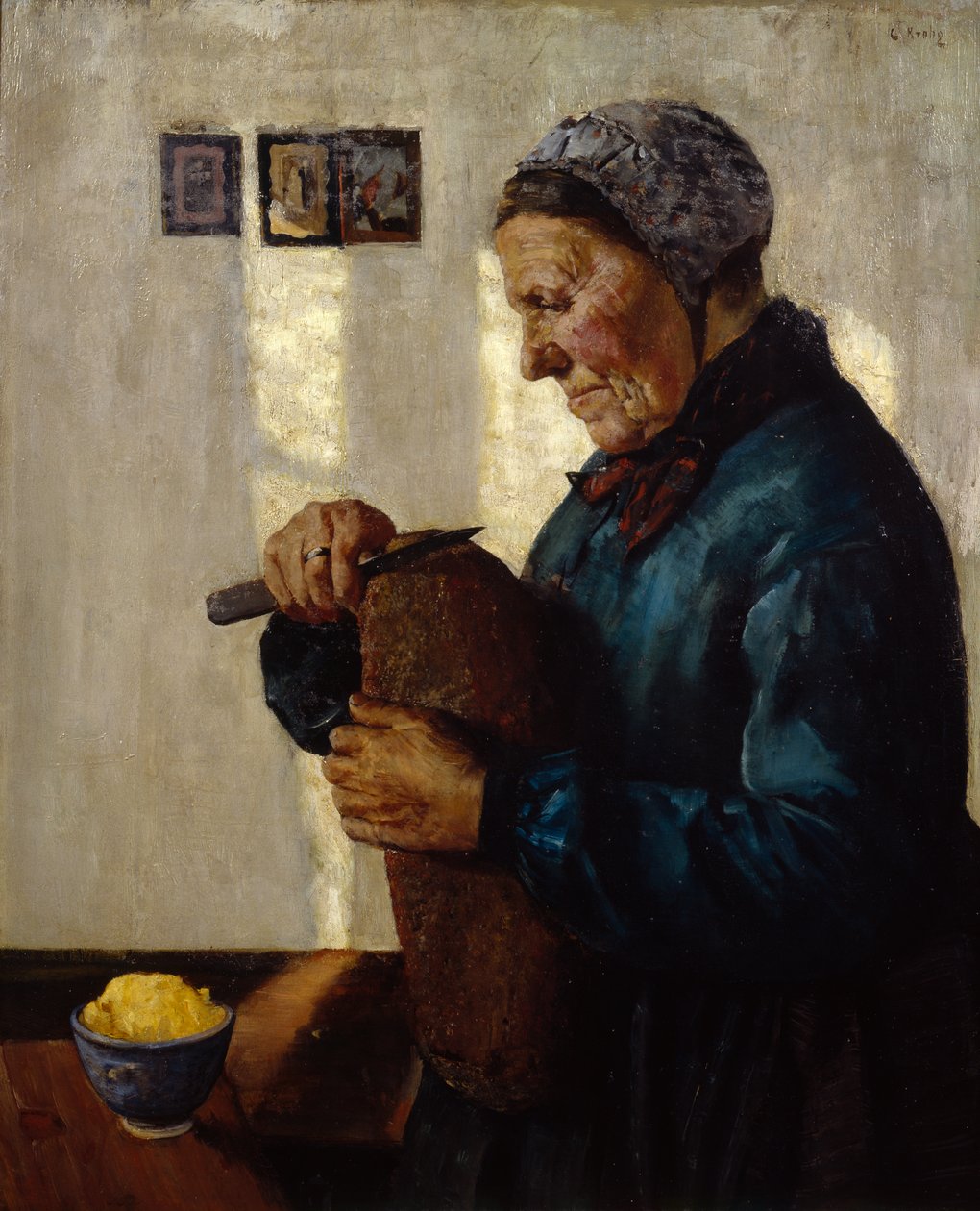 Vrouw snijdt brood door Christian Krohg