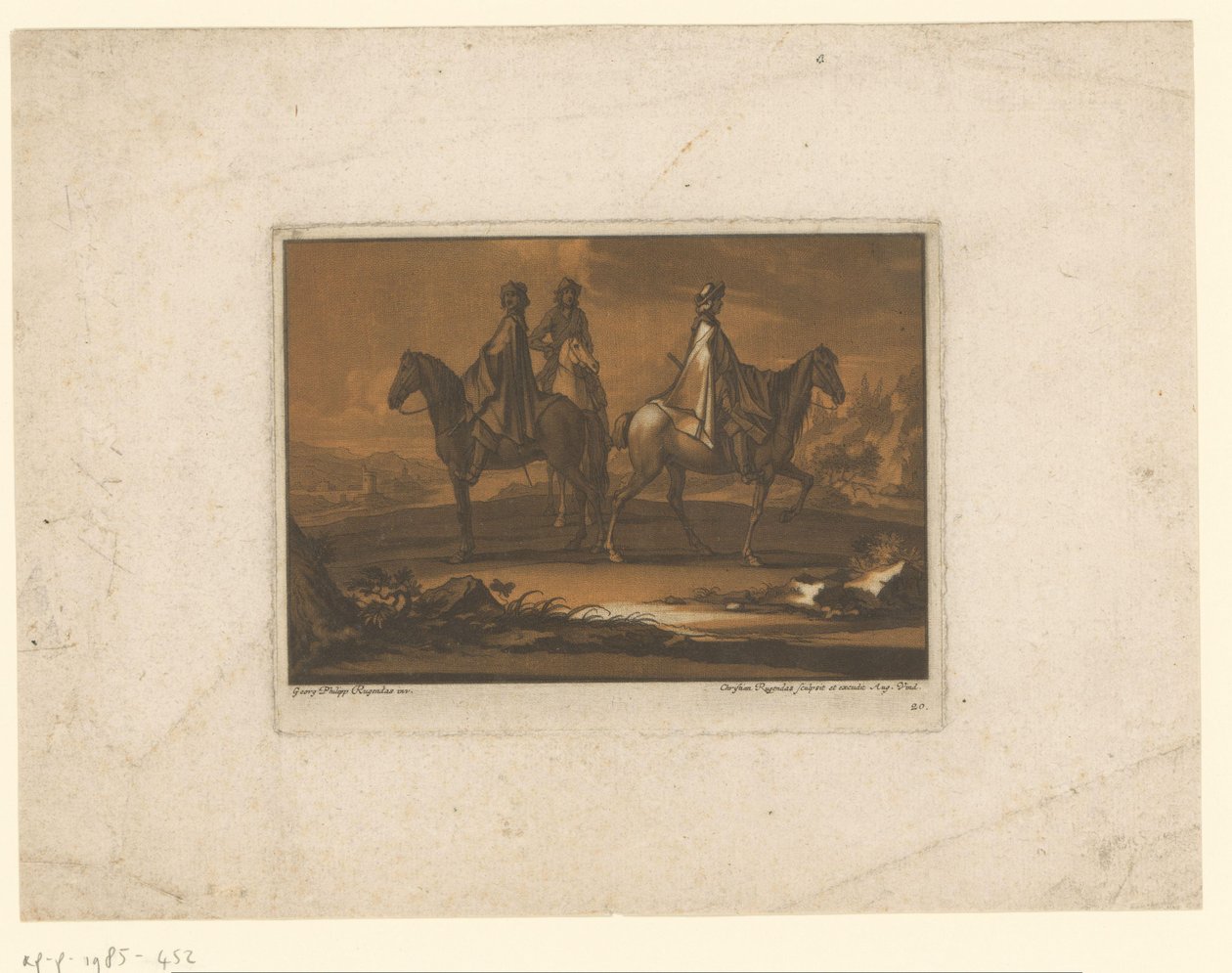 Drie ruiters in mantels (Ruiters) door Christian Rugendas