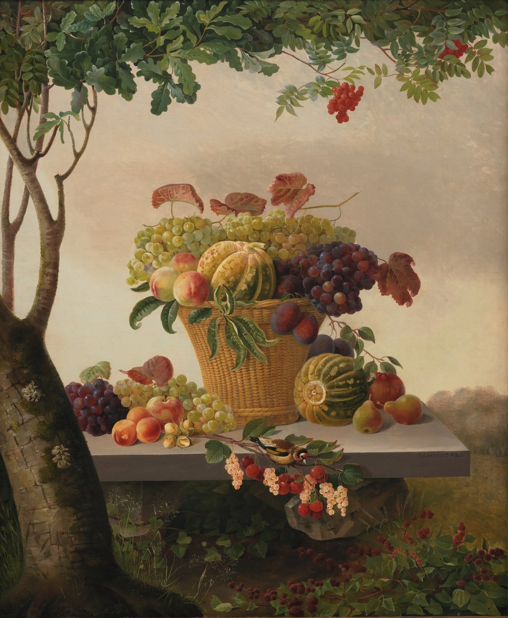 Een mand met fruit in een landschap door Christine Løvmand