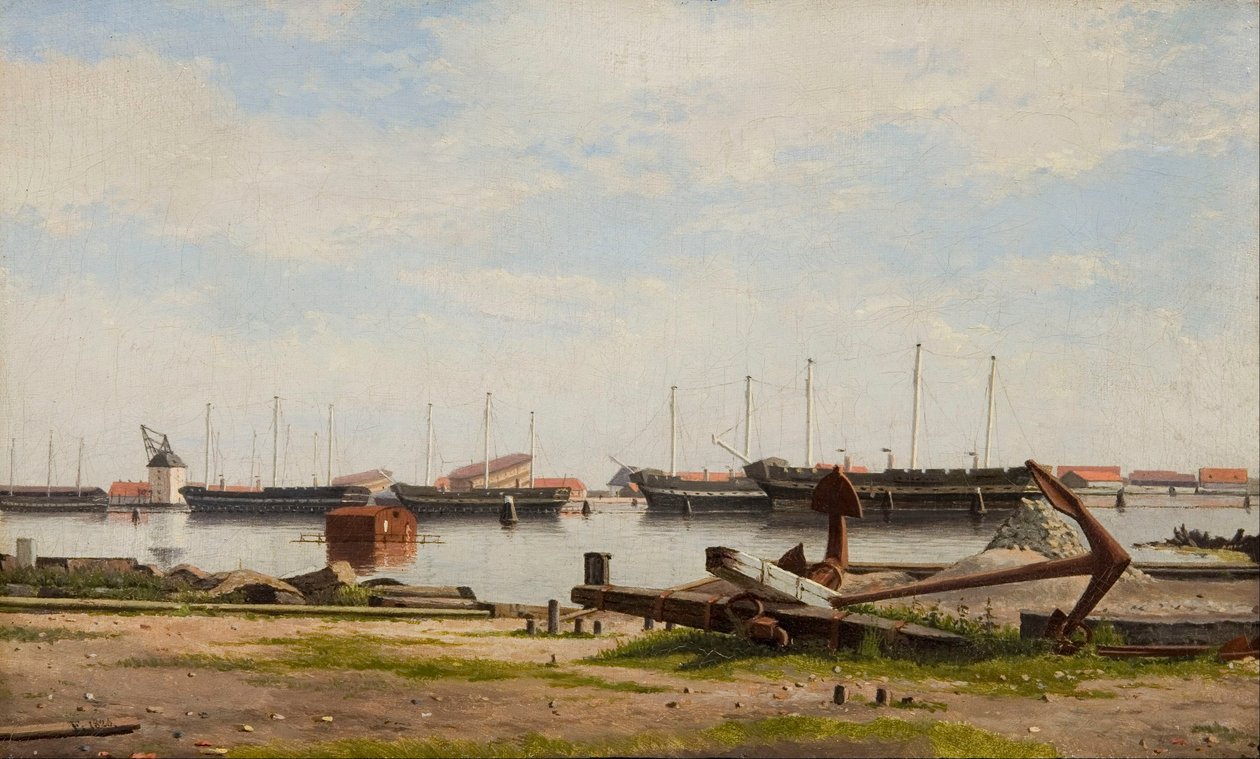 Uitzicht op de werf van Nyholm met de kraan en enkele oorlogsschepen door Christoffer Wilhelm Eckersberg