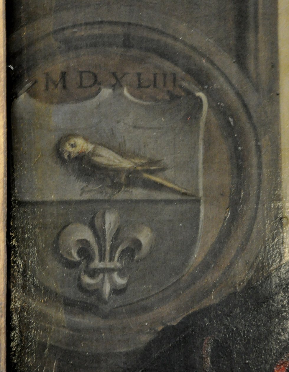 Portret van Christoph Baumgartner (Paumgartner); Detail: Wapen door Christoph Amberger  Amberger