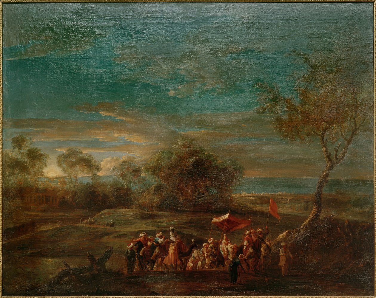 Ochtendlandschap met oosterse bruidsstoet door Christoph Ludwig Agricola