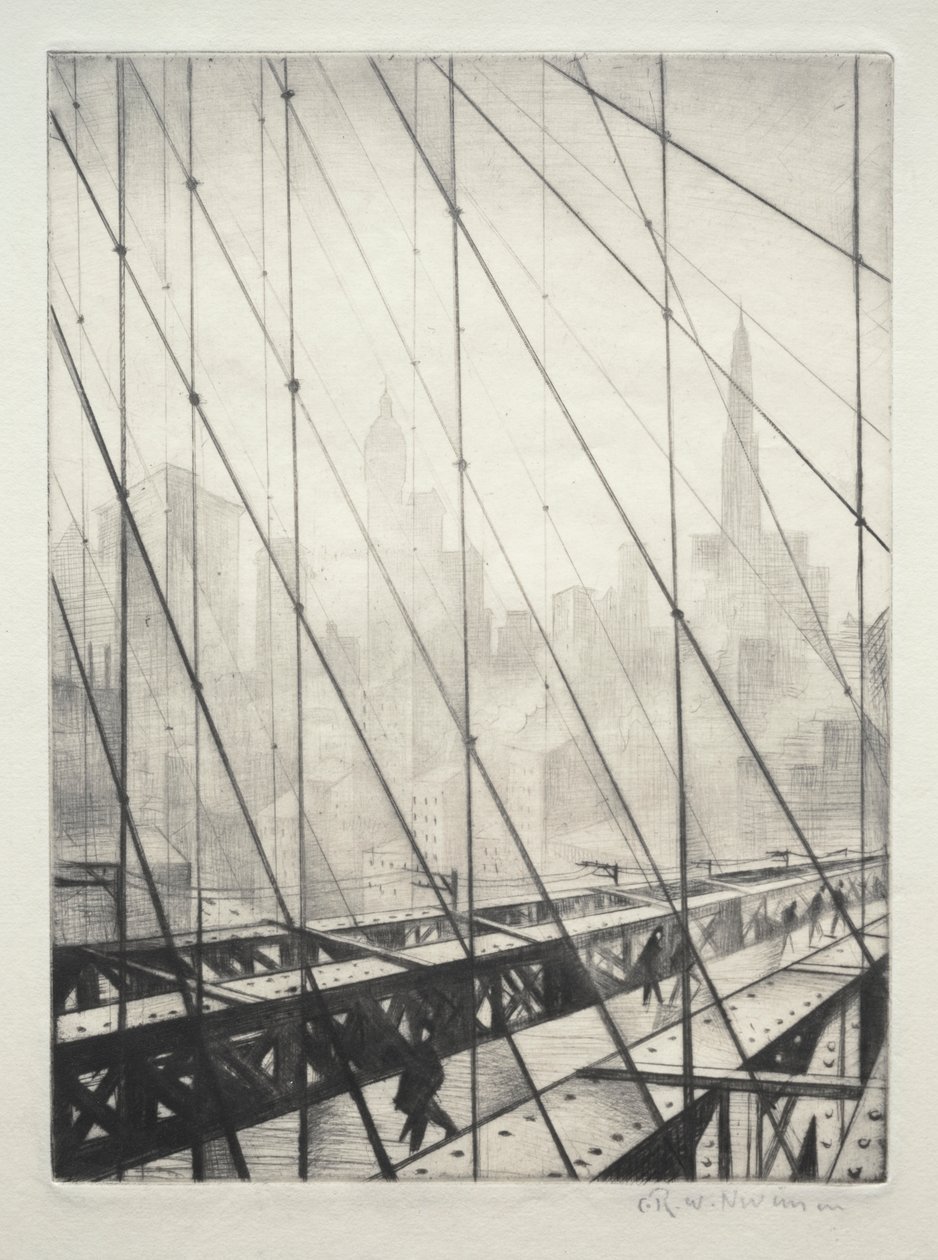 Kijkend door de Brooklyn Bridge door Christopher Richard Wynne Nevinson