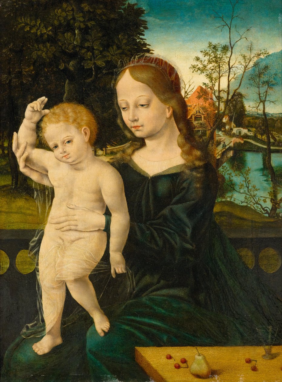 Madonna met kind voor een rivierlandschap door Bernard van Orley