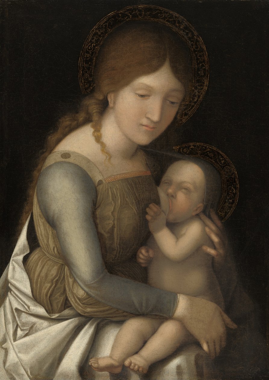 Madonna en Kind door Circle of Andrea Mantegna