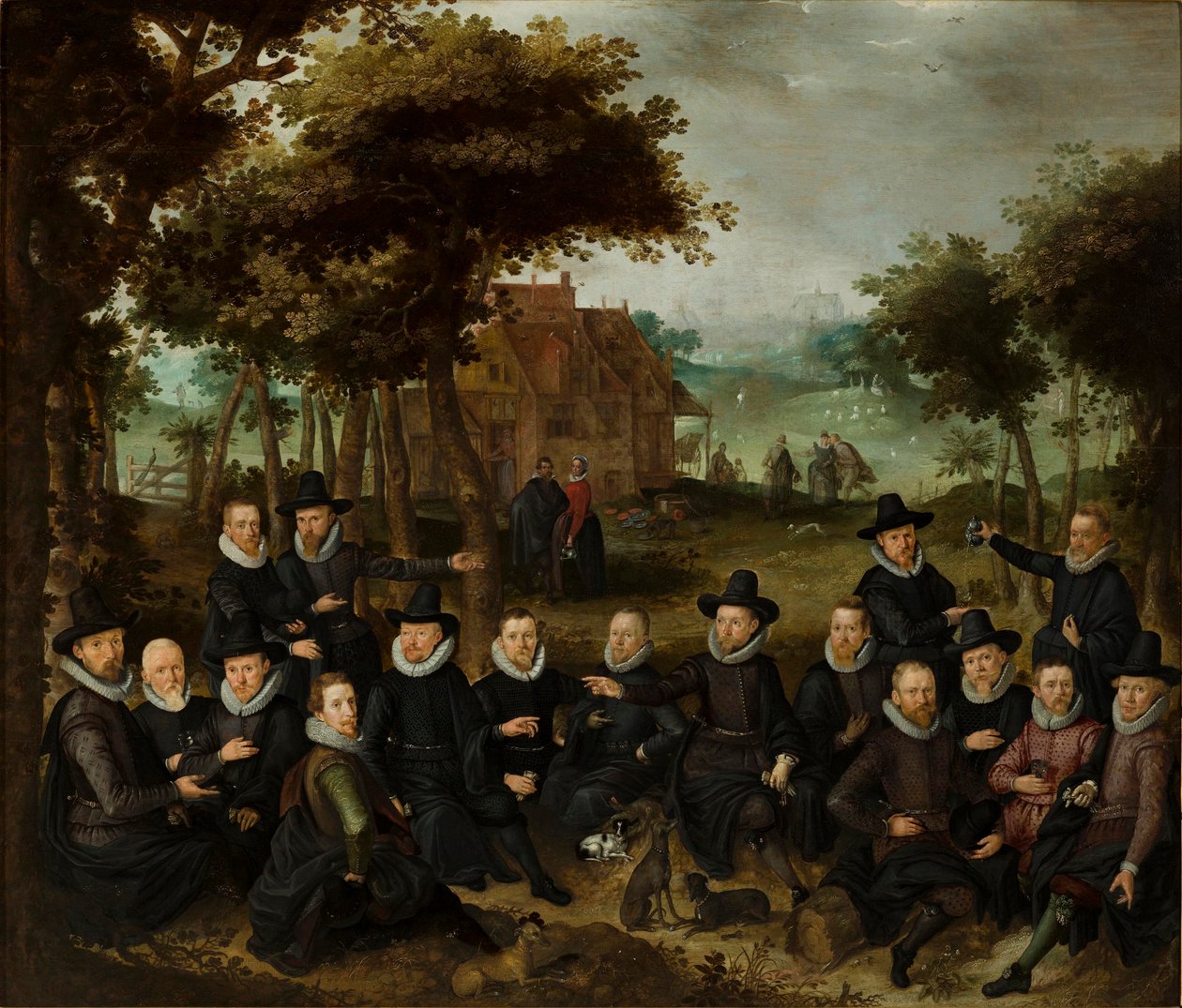 Officieren van de Oude Schutterij van Alkmaar in een landschap door Claes Jacobsz van der Heck
