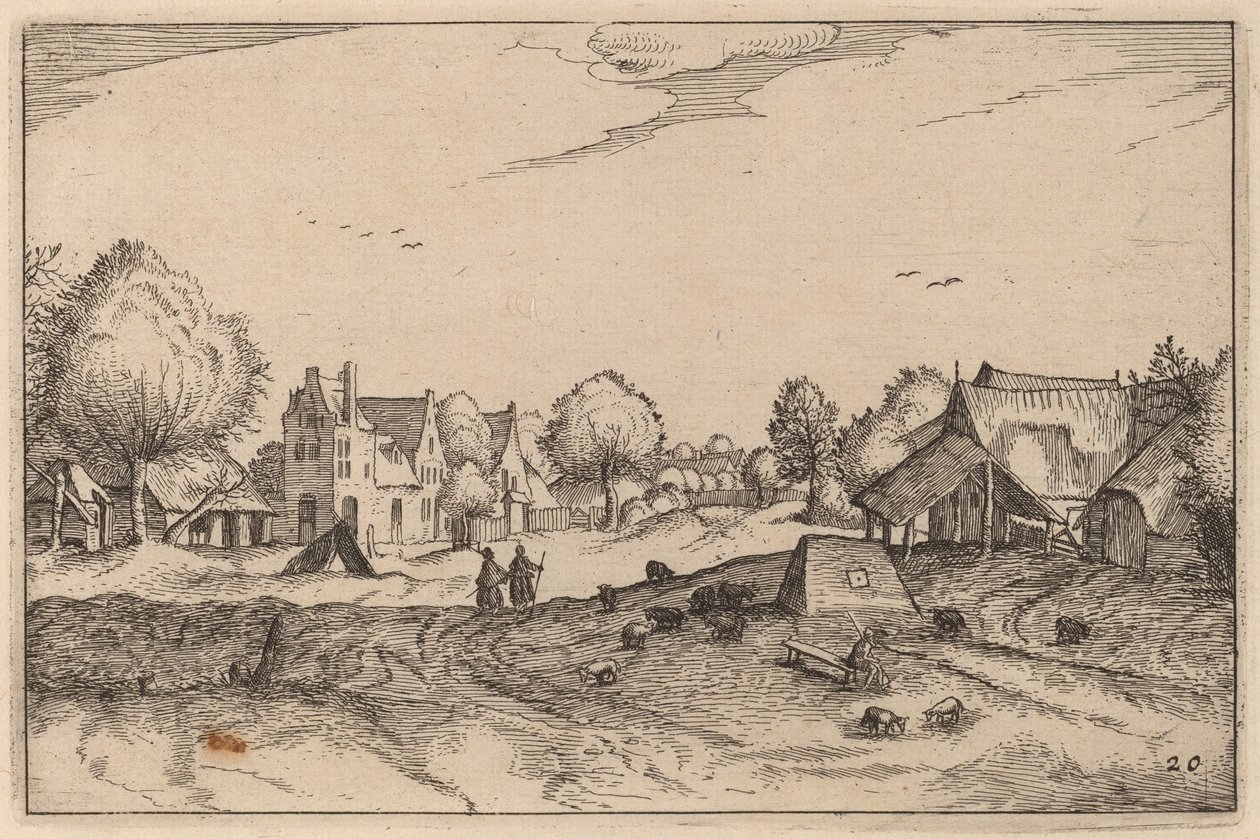 Dorpstraat door Claes Jansz Visscher after Johannes van Doetechum, the Elder after Lucas