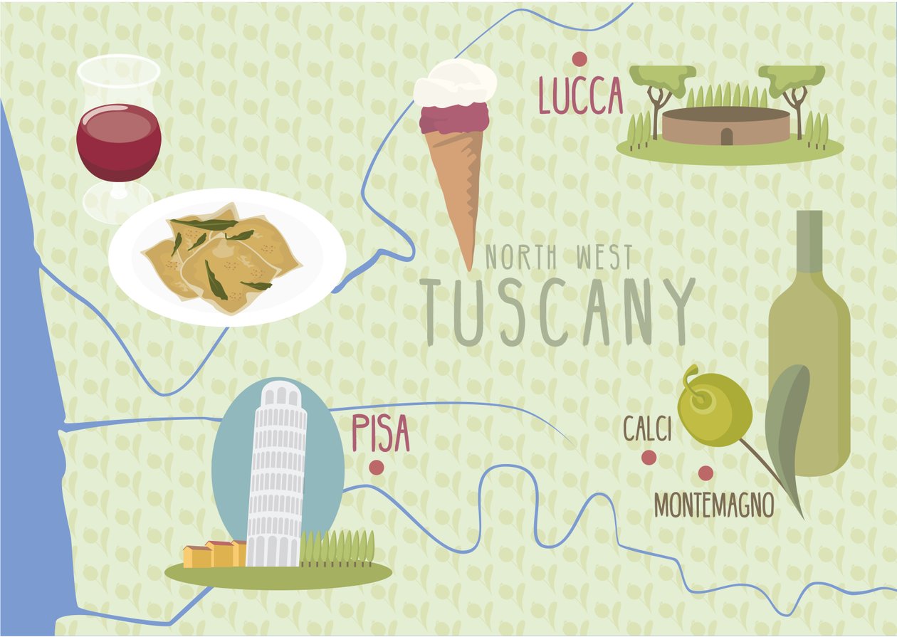 Kaart van Lucca en Pisa, Toscane, Italië door Claire Huntley
