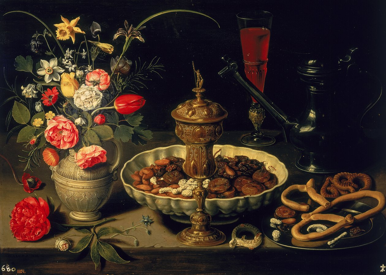 Stilleven van bloemen en gedroogd fruit, 1611 door Charlotte Evans