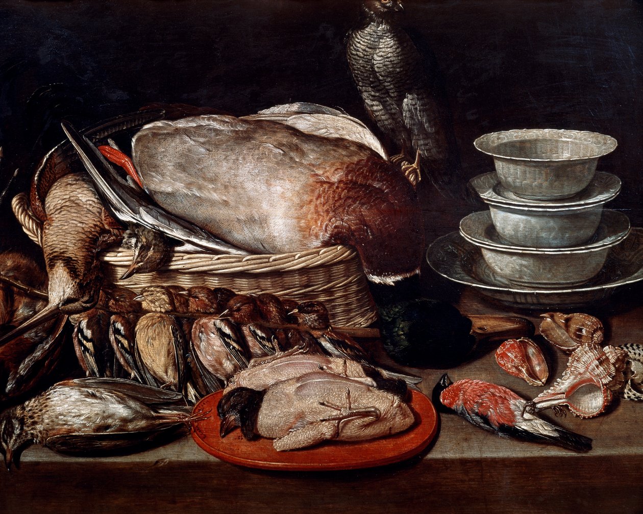 Stilleven met vogels, schelpen en aardewerk door Clara Peeters