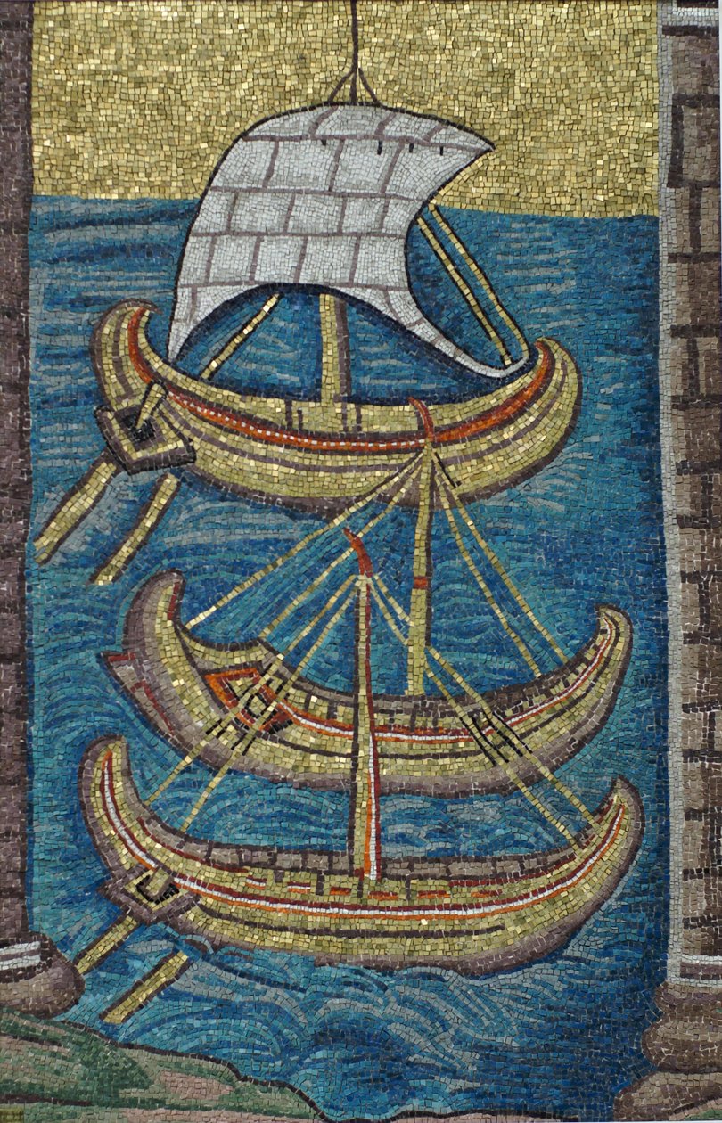 De Romeinse galeien. Mozaïek uit Ravenna, kopie door Classical Antiquities