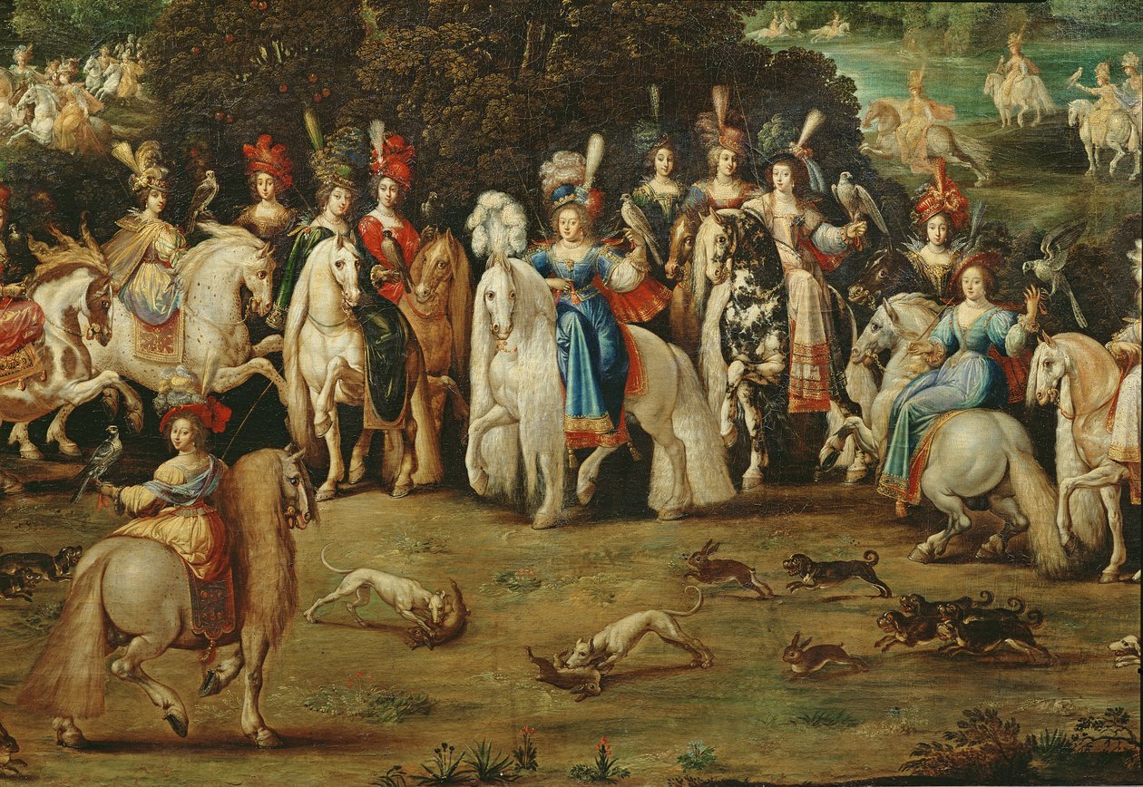 Lucht, detail van een groep vrouwen in het midden en honden die hazen achtervolgen, c.1640-41 door Claude Deruet