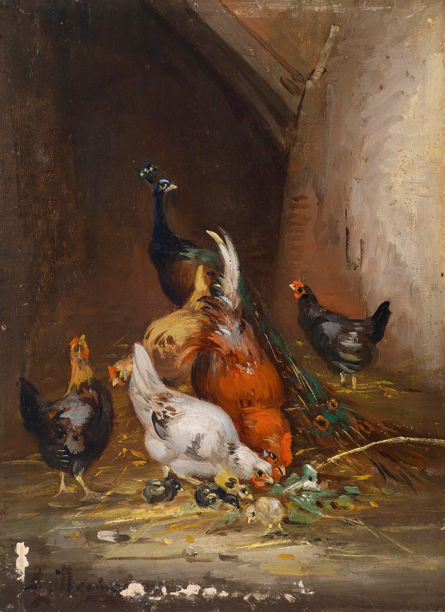 Kippen en een pauw door Claude Guilleminet