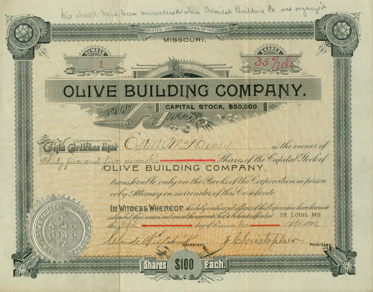 Olive Street Building Company aandeelcertificaat uitgegeven aan Estill M. Henry, 5 december 1892 door Claude Kirkpatrick