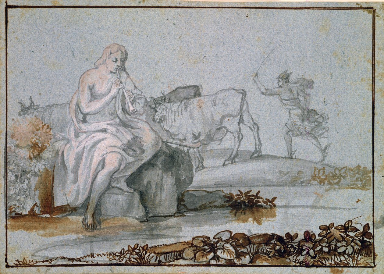 Apollo en Mercurius (bruine en grijze inkt en was op papier) door Claude Lorrain