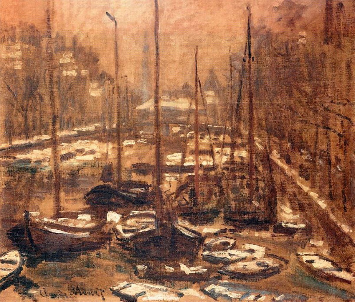 De Geldersekade van Amsterdam in de winter door Claude Monet