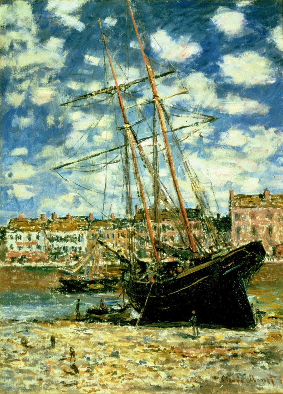 Boot bij eb door Claude Monet