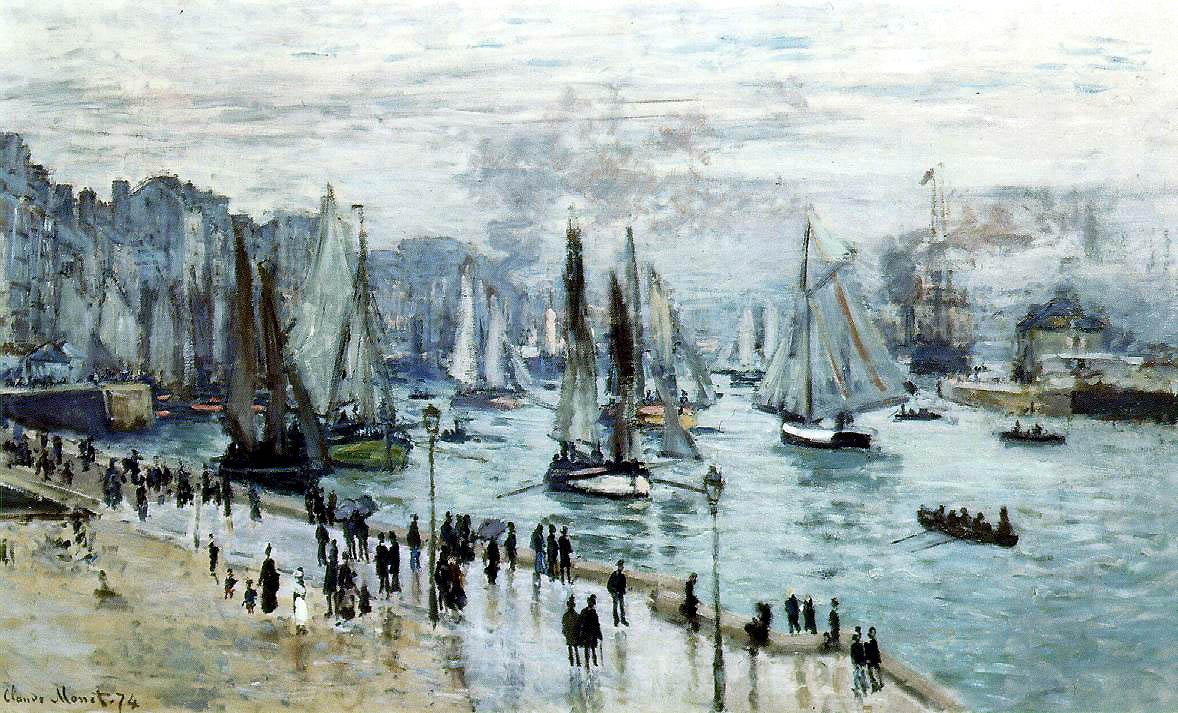 Vissersboten verlaten de haven, Le Havre door Claude Monet