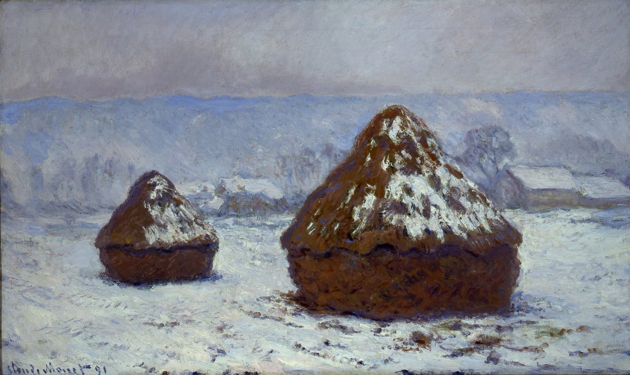 Meules, sneeuw effect, 1891 door Claude Monet