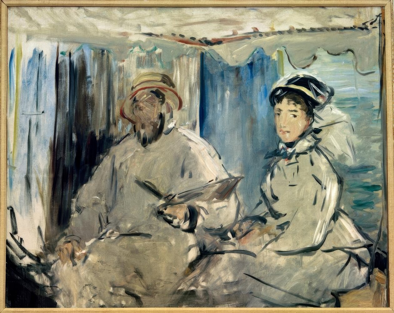 Monet schilderend in zijn atelier door Claude Monet