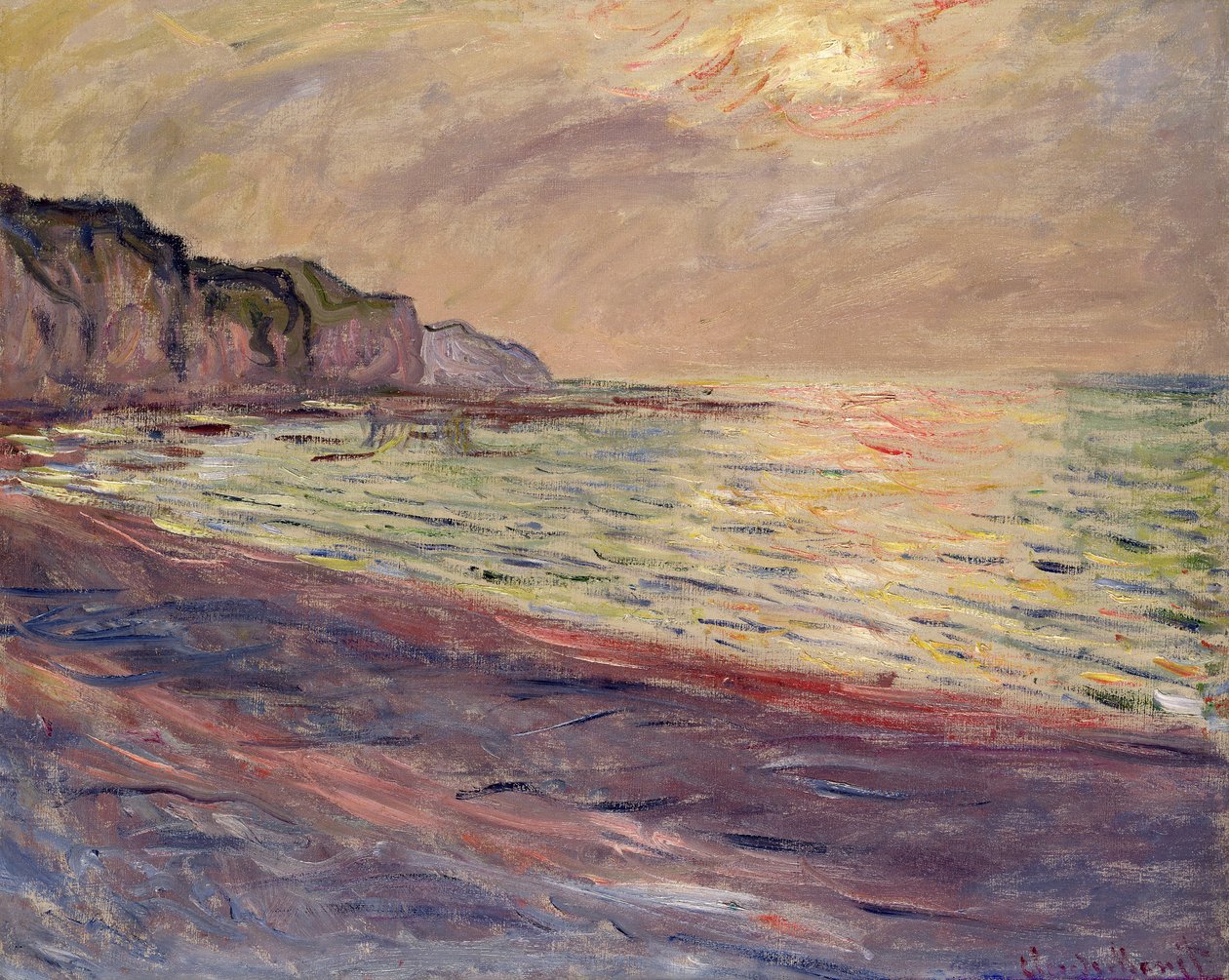 Het strand van Pourville, ondergaande zon, 1882 door Claude Monet