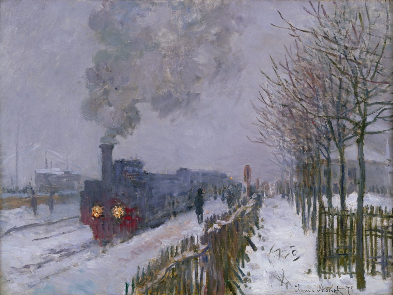 Trein in de sneeuw of De locomotief, 1875 door Claude Monet