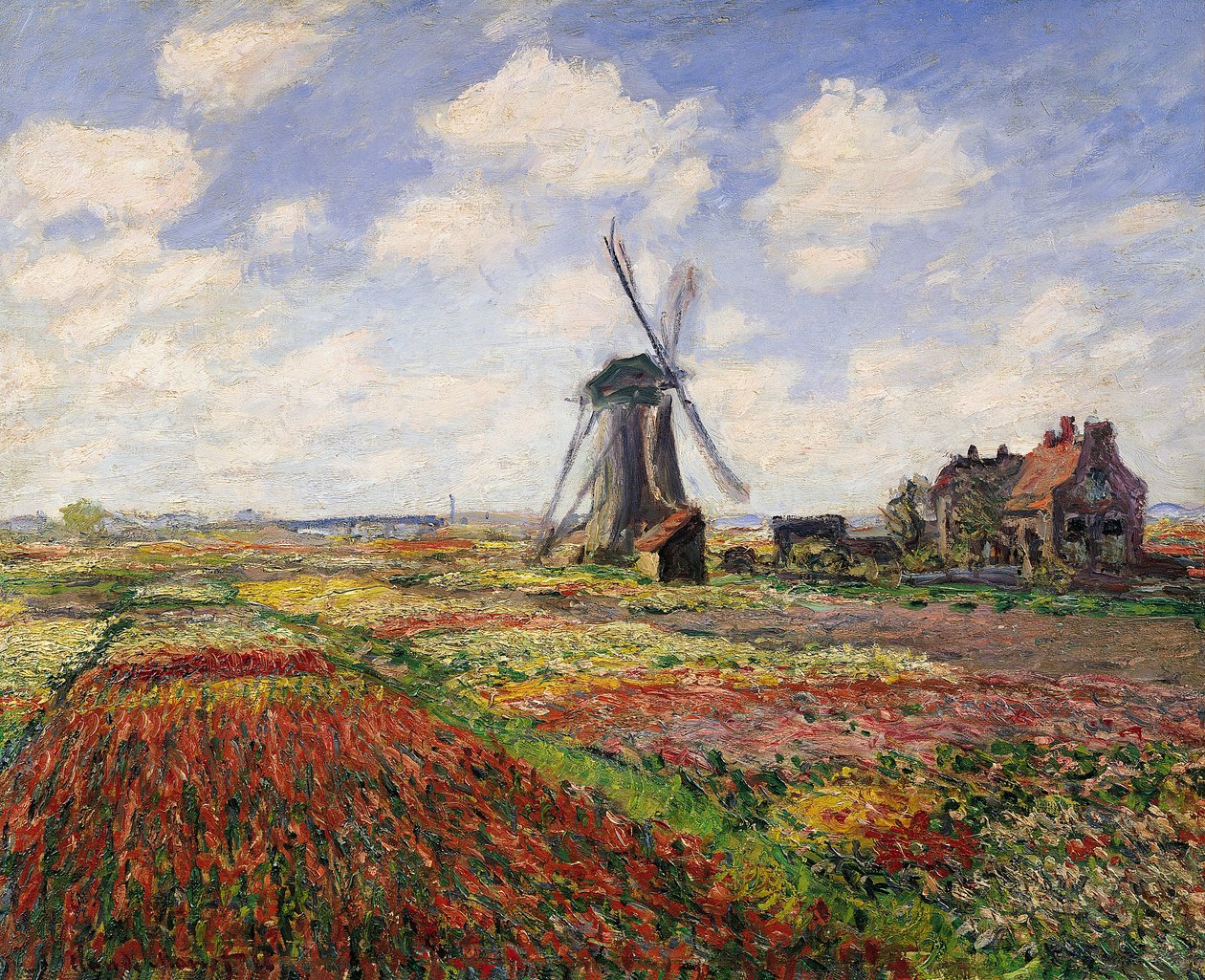 Tulpenvelden met de Rijnsburgse molen door Claude Monet