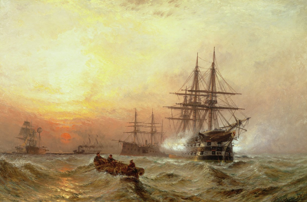 Oorlogsschip dat een saluut afvuurt bij zonsondergang door Claude T. Stanfield Moore
