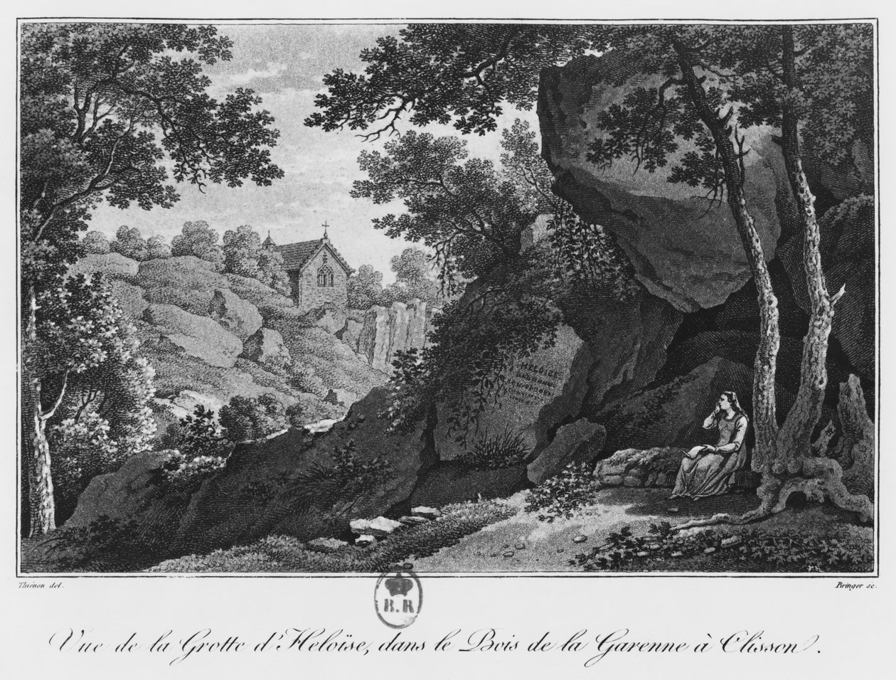 Uitzicht op de grot van Heloise in het park van La Garenne in Clisson, illustratie uit 