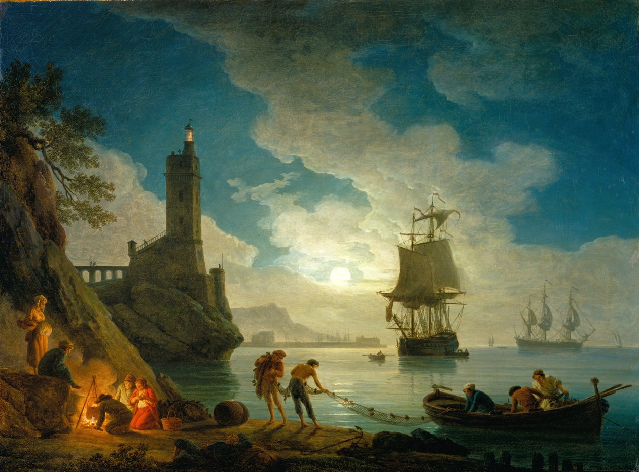 Een haven in maanlicht door Claude Joseph Vernet