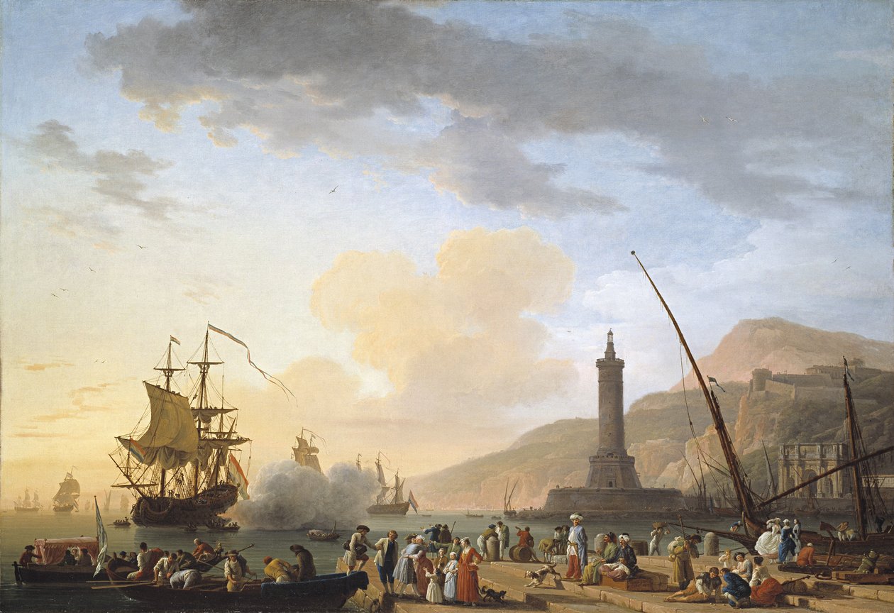 Een haven bij zonsondergang door Claude Joseph Vernet