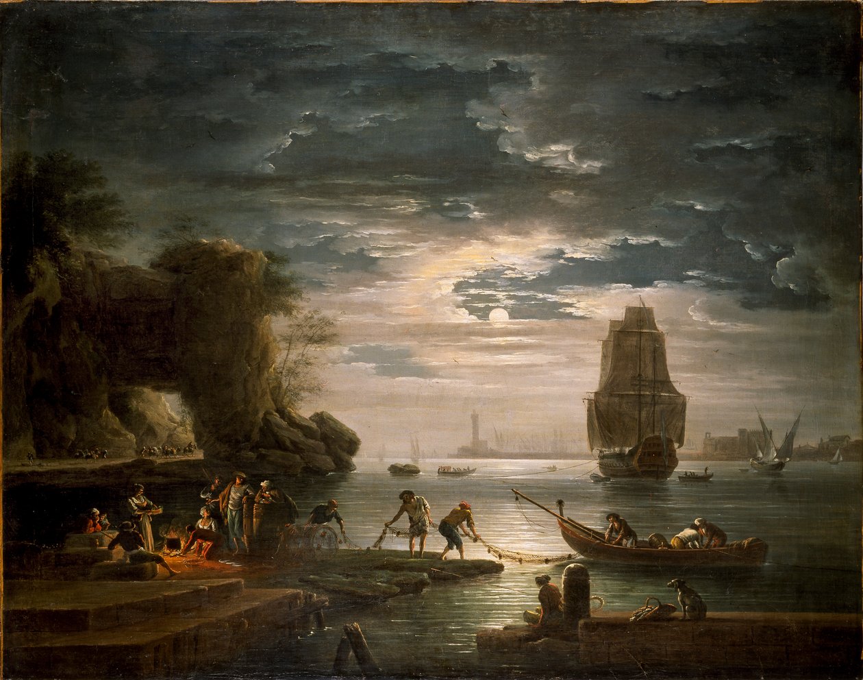 Kustscène La nuit door Claude Joseph Vernet