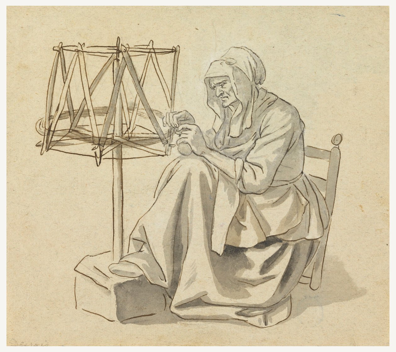 Tekening, Een oude vrouw spint, 1810-30 door Claude Louis Desrais