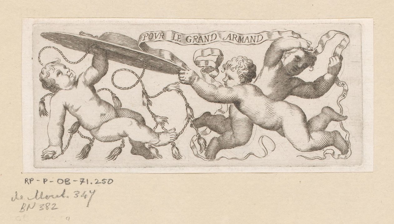 Drie putti met kardinaalshoed en band door Claude Mellan