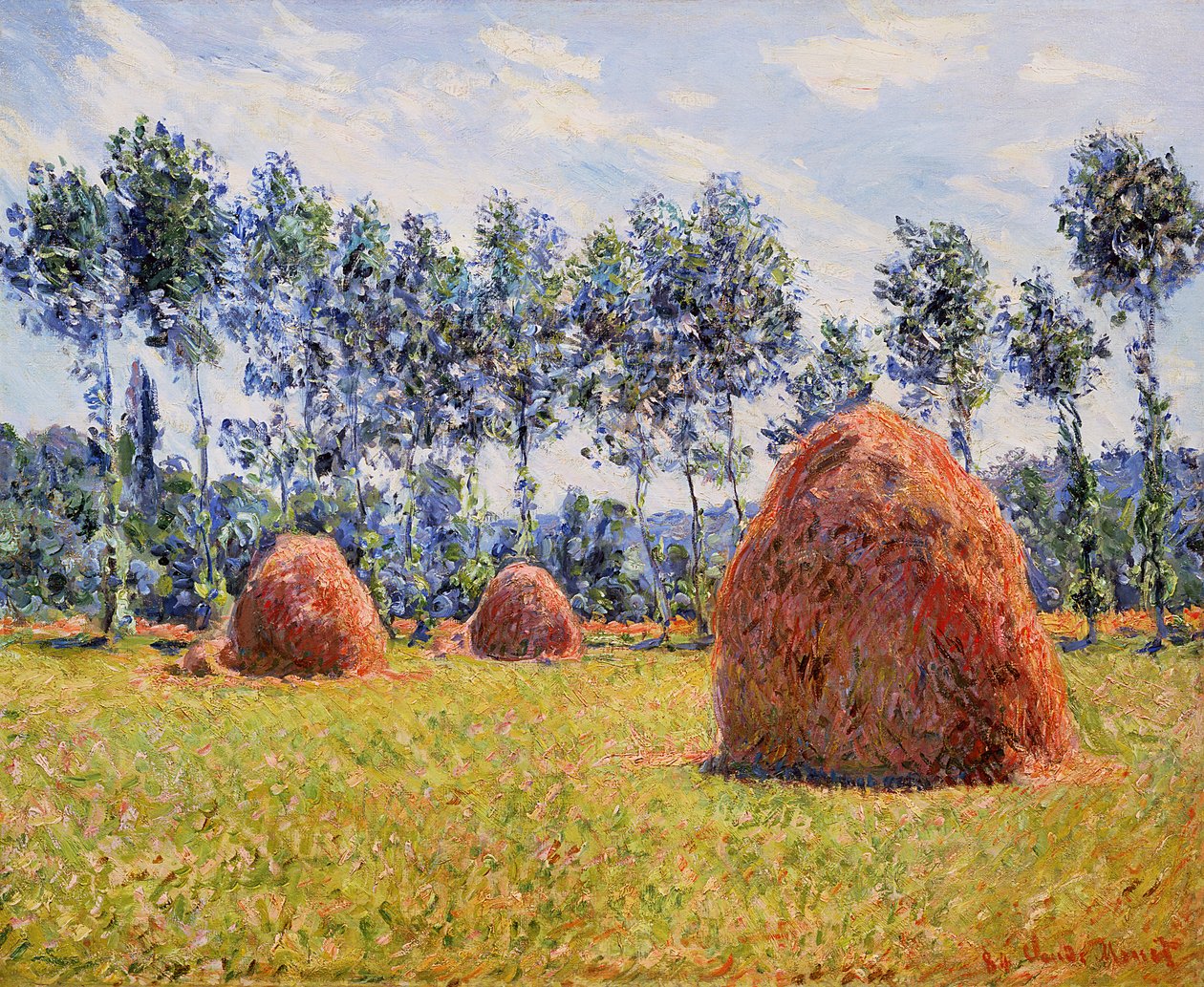 Hooibergen in Giverny, 1884 door Claude Monet
